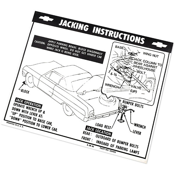 1964 Chevrolet Impala Caprice Bel Air JACK INSTRUCTION DECAL